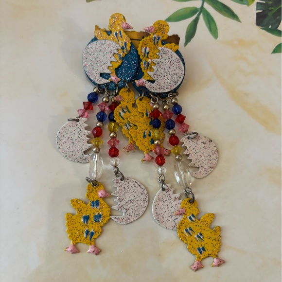 Lunch at the Ritz Jewelry - Vintage Easter Chicken Egg Long Drop Earrings Possibly Lunch at the Ritz